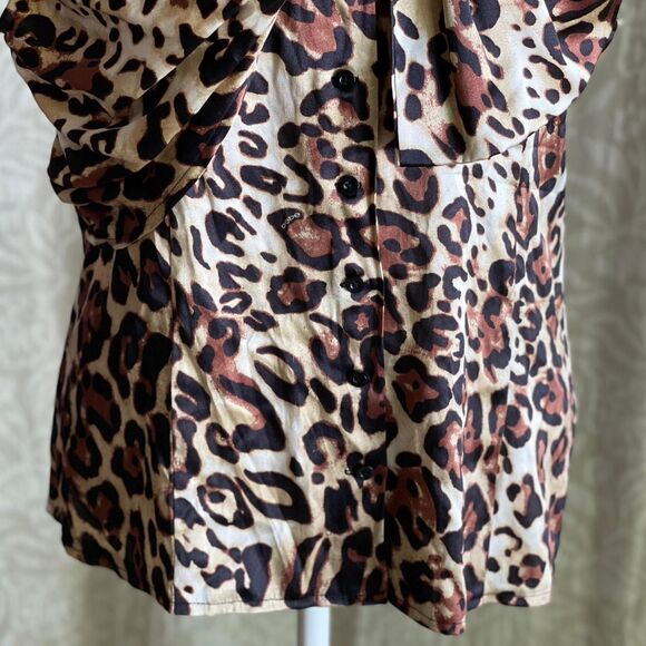 NWOT Vintage Y2K Bebe Leopard Silk Blouse Bow 2000s Glam Top Mob Wife Size L - Picture 3 of 8